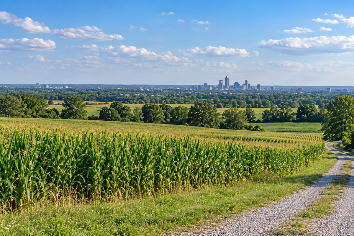 Cornfields on the rural edge of central Indiana with the Indianapolis skyline in the distance