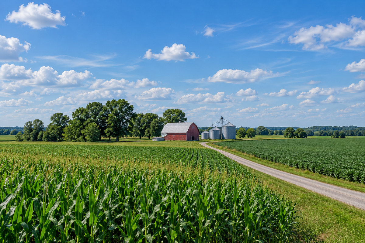 Open north central Indiana farm fields with a barn and rural lane