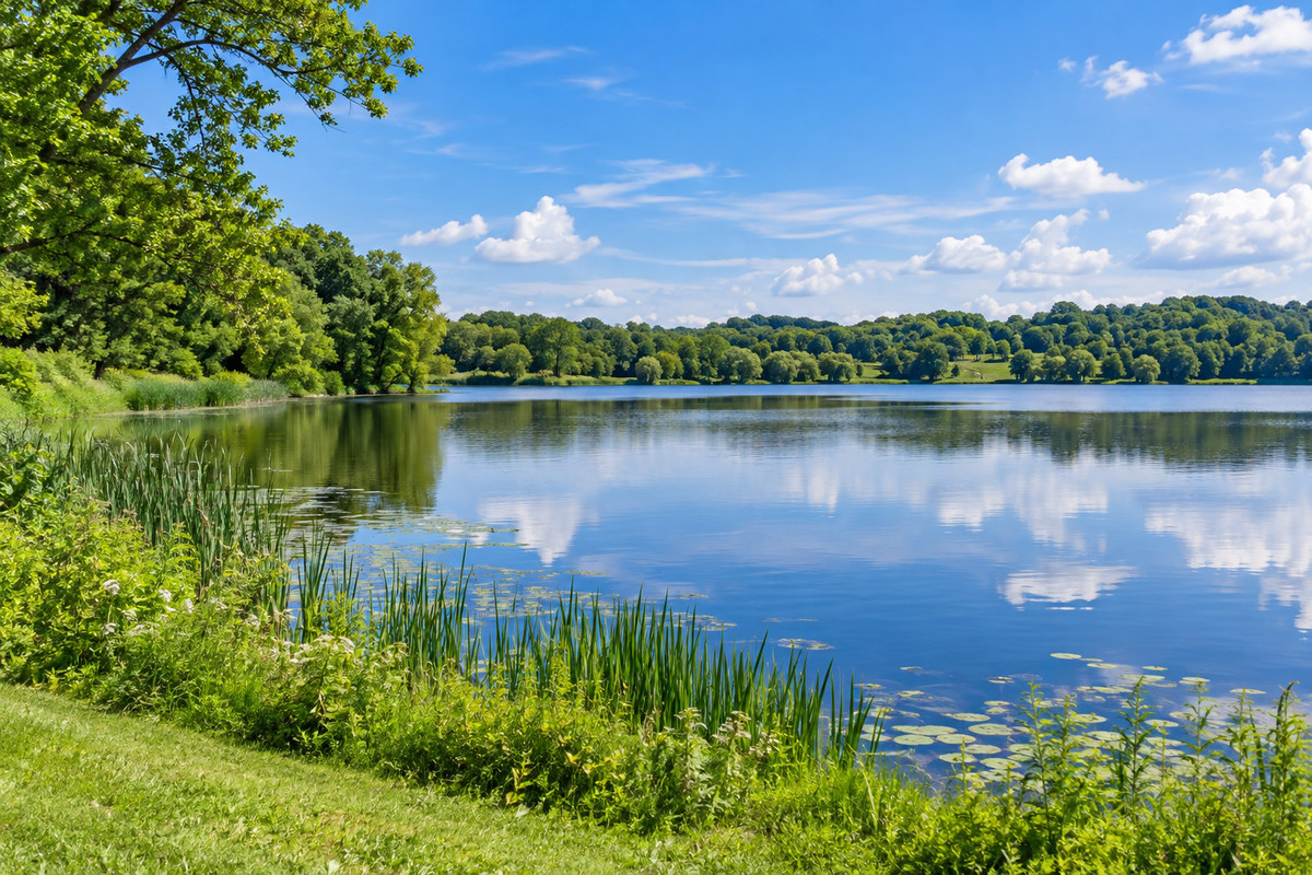 Calm northeastern Indiana lake bordered by deciduous woodland