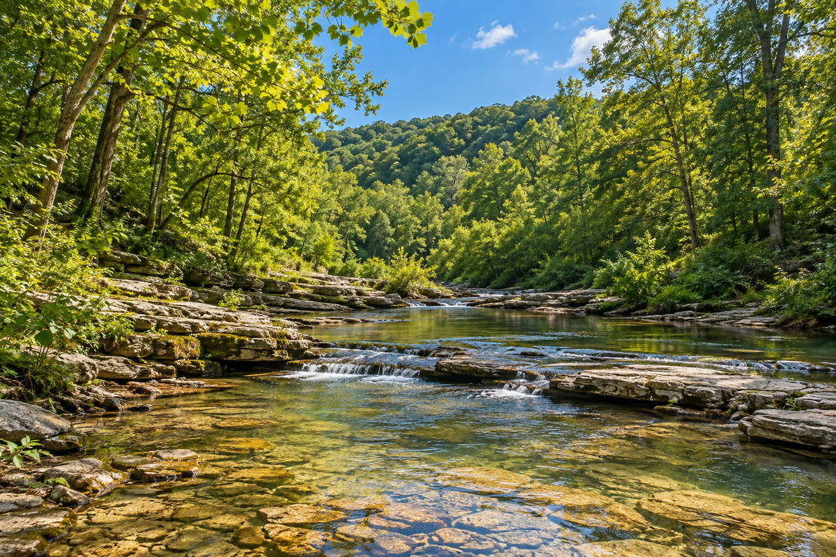 Rolling deciduous hills and a limestone creek in southern Indiana